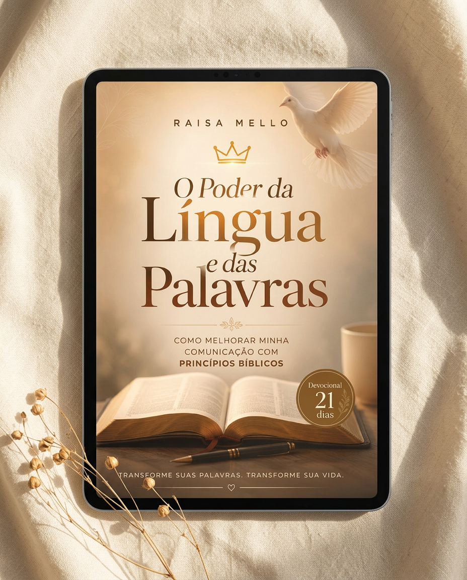 Devocional O Poder da Língua e das Palavras apresentado em um tablet