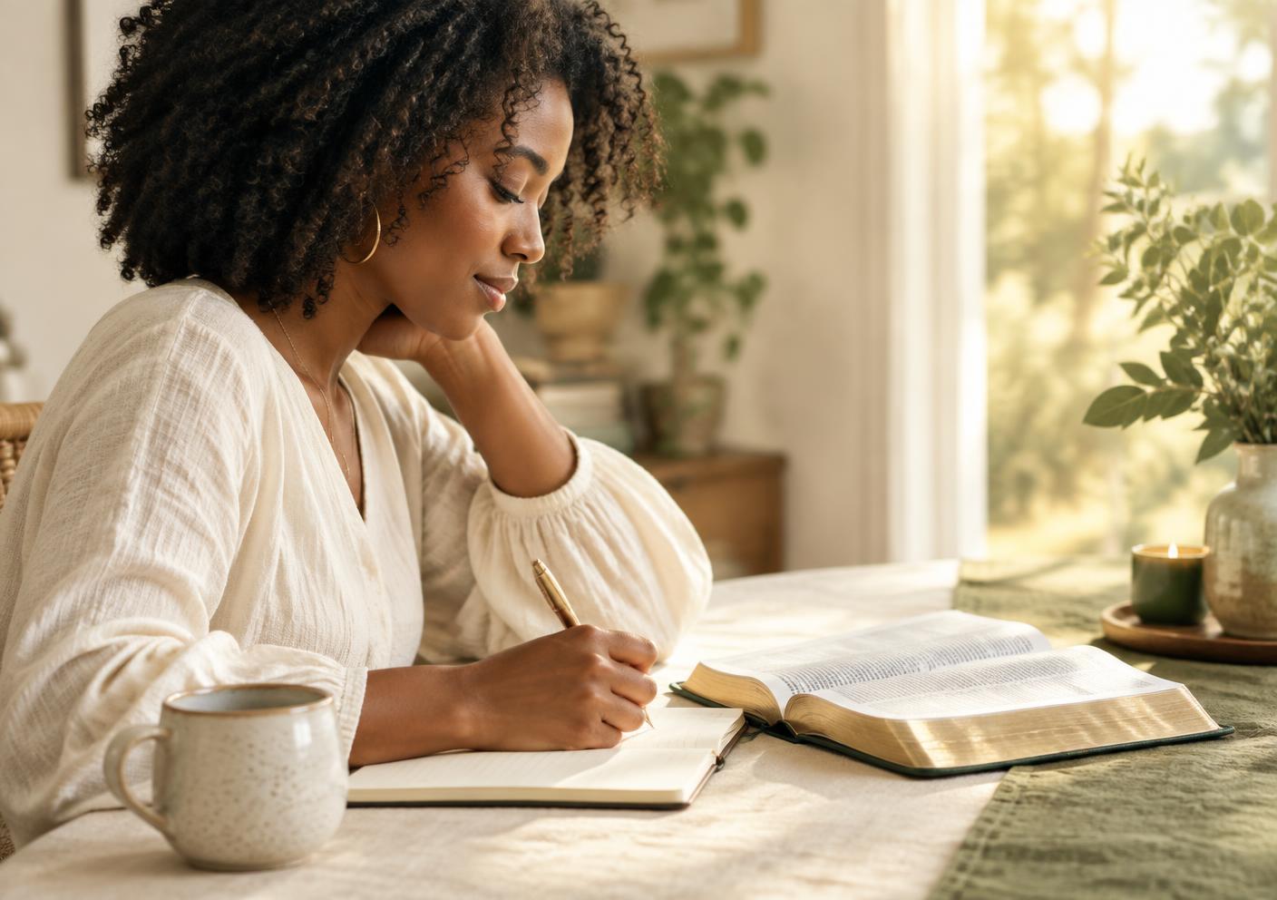Mulher escrevendo durante seu momento de leitura bíblica